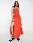 Bershka Shirred Detail Halterneck Maxi Dress In Red