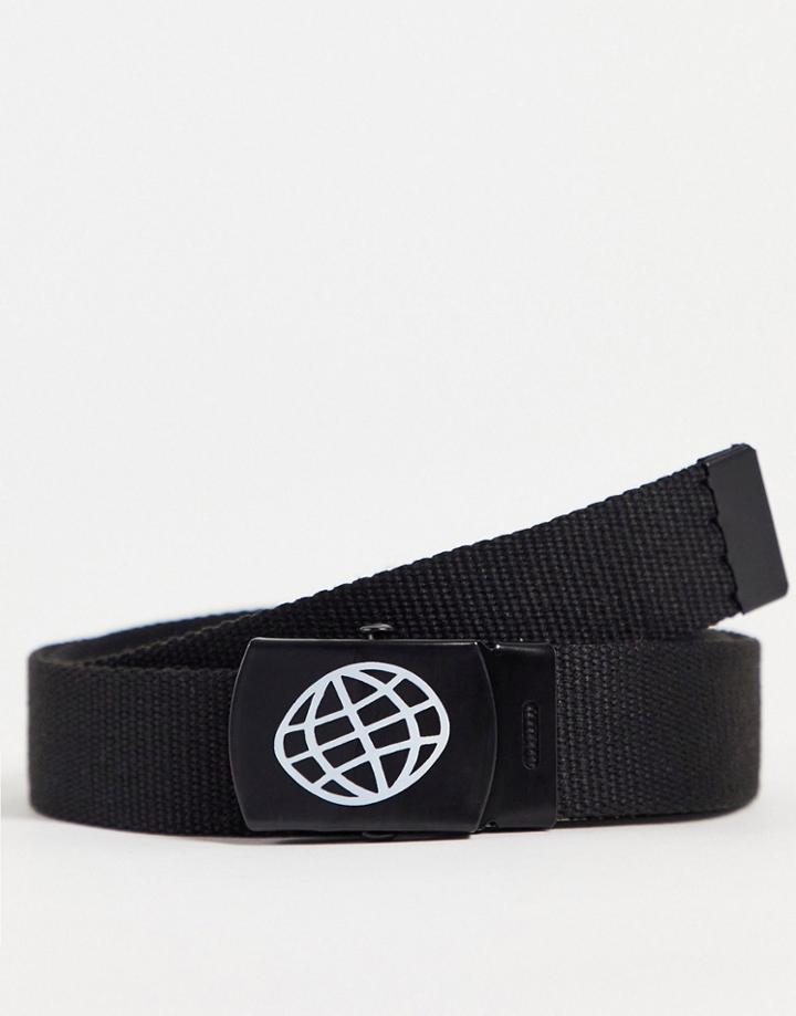 Asos Daysocial Slim Belt In Black Webbing And Printed Plate Buckle