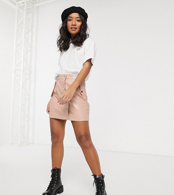 Miss Selfridge Petite Croc Faux Leather Skirt In Nude-beige