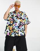 Asos Design Boxy Oversized Revere Shirt With All-over Bright Floral-black