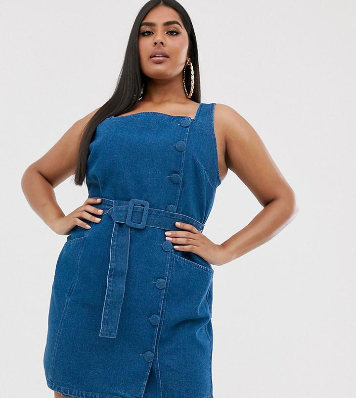 Asos Design Curve Denim Side Button Mini Dress With Belt - Blue