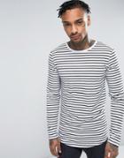 Asos Stripe Longline Muscle Long Sleeve T-shirt With Curve Hem - White