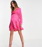 Missguided Maternity Satin Wrap Mini Dress In Bright Pink