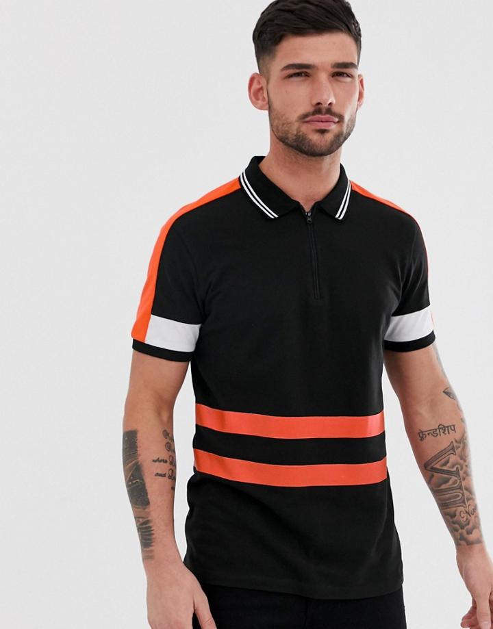 Jack & Jones Core Polo Shirt With Zip Neck And Body Stripe-black