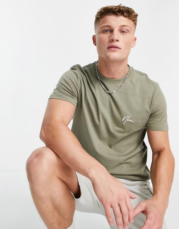 New Look Organic Cotton Nlm Embroidered T-shirt In Khaki-green