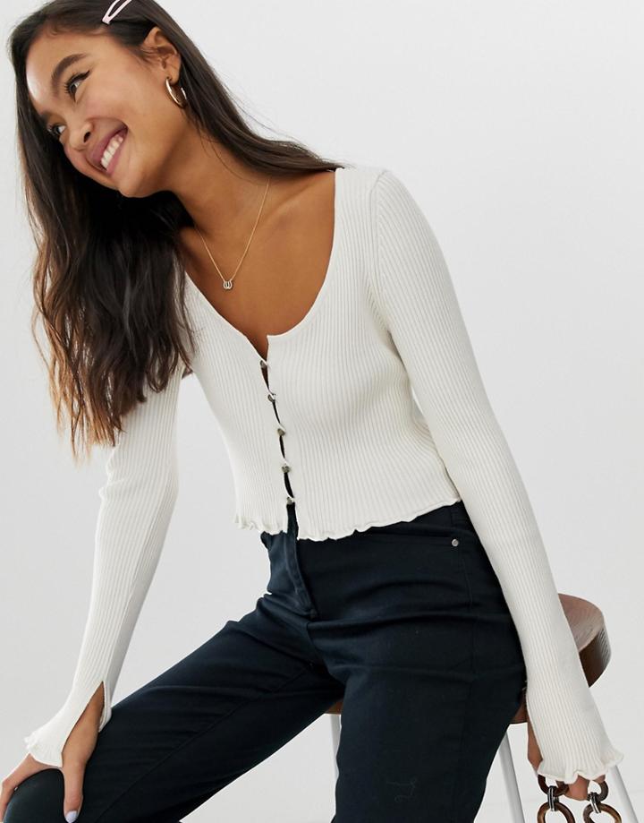 Asos Design Button Front Cardigan With Scoop Neck - Cream