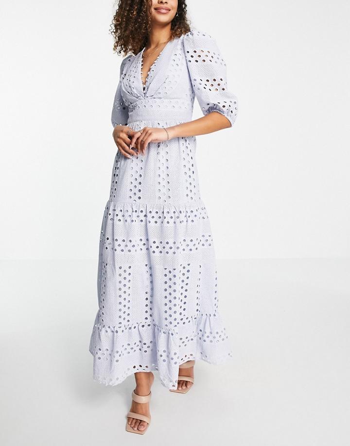 Asos Design Premium Plunge Broderie Tiered Midi Dress With Button Neck In Blue-blues