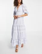 Asos Design Premium Plunge Broderie Tiered Midi Dress With Button Neck In Blue-blues