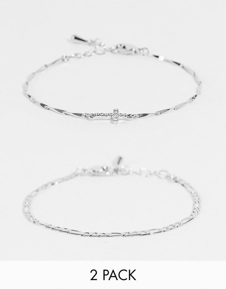 Designb London Exclusive Bracelet Multipack X 2 In Silver Figaro Chain With Cross Pendant