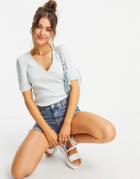 Pieces Organic Cotton Lettuce Hem V-neck T-shirt In Blue-blues