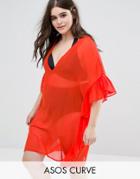 Asos Curve Beach Cover Up With Frill - Red