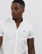 Hollister Icon Logo Short Sleeve Oxford Shirt Slim Fit Button Down In White - White