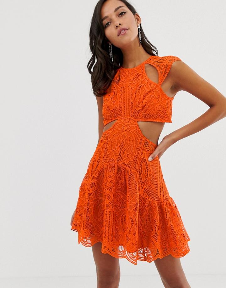 Asos Design Mini Dress With Trumpet Hem In Cutwork Lace - Multi