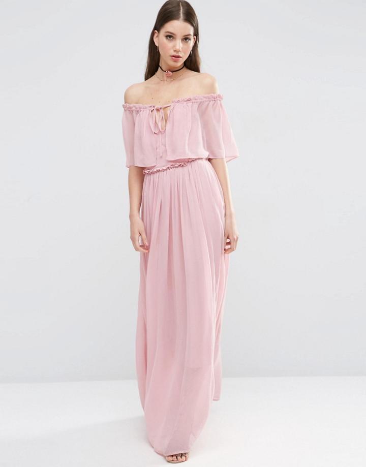 Asos Ruffle And Tiered Off Shoulder Maxi Dress - Pink