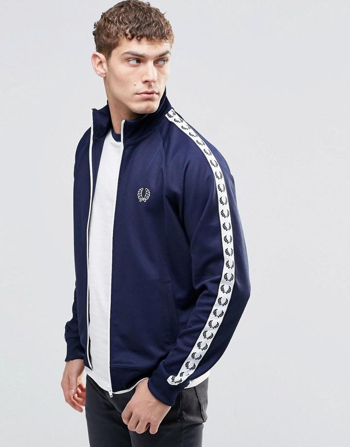 Fred Perry Track Jacket With Taped Sleeve In Navy - Carbon Blue
