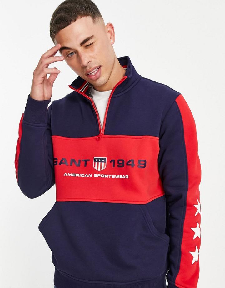 Gant Retro Shield Logo Color Block Half Zip Sweatshirt In Navy/red-multi