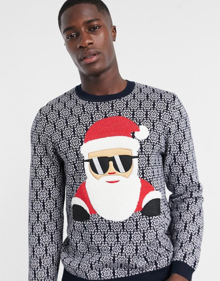 Asos Design Knitted Charity Christmas Sweater With Cool Santa Applique For Asos Foundation-blue