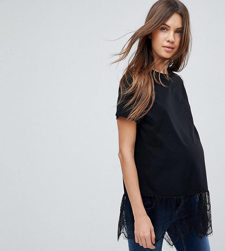 Asos Maternity T-shirt With Paneled Lace Ruffle Hem - Black