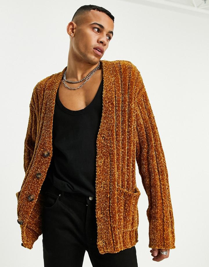 Asos Design Knit Chenille Cardigan In Tan-brown