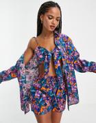 Asos Design Textured Button Through Cotton Beach Shirt In Abstract Floral Print-multi