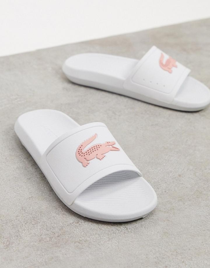 Lacoste Croco Logo Slides In White And Pink