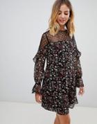 New Look Floral Smock Dress With Sheer Panels-multi