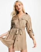 Skylar Rose Utility Mini Dress With Tie Waist In Taupe-neutral