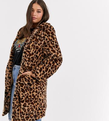 Daisy Street Plus Longline Coat With Zip Front And Hood In Leopard Print Faux Fur-brown