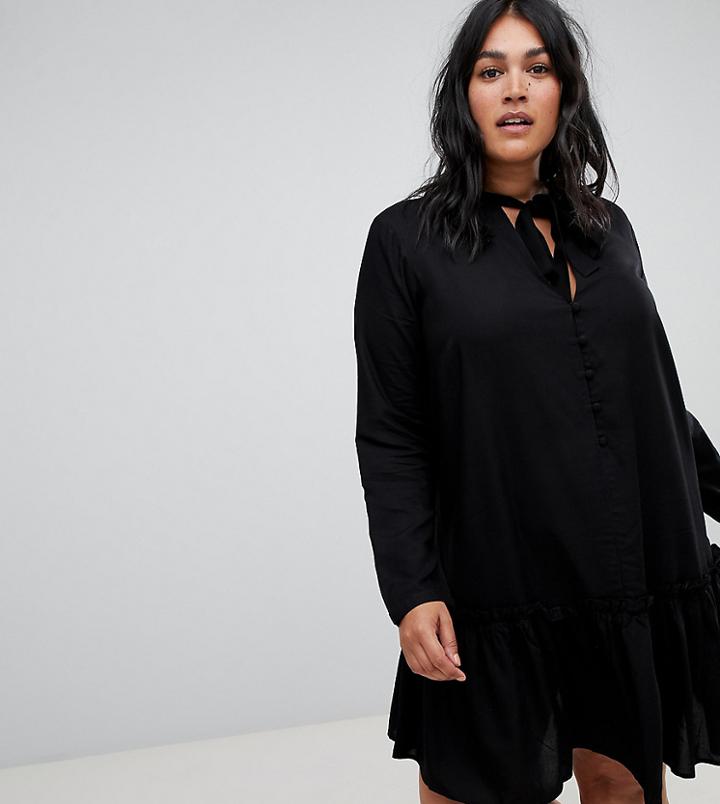 Asos Design Curve Button Front Tie Neck Mini Smock Dress - Black
