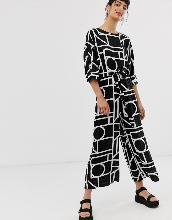 Asos Design Tie Waist Jumpsuit In Mono Geo Print-multi