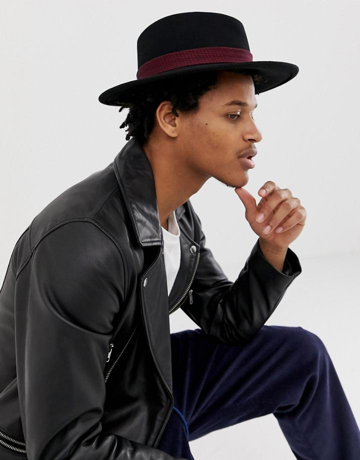 Asos Design Wide Brim Pork Pie Hat In Black With Burgundy Print Band - Black