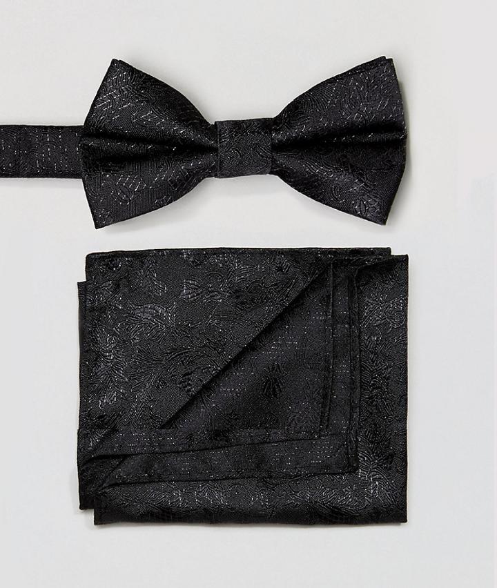 Moss London Bow Tie And Pocket Square Set - Black