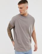 Asos Design Oversized Longline T-shirt With Crew Neck With Roll Sleeve In Beige - Beige