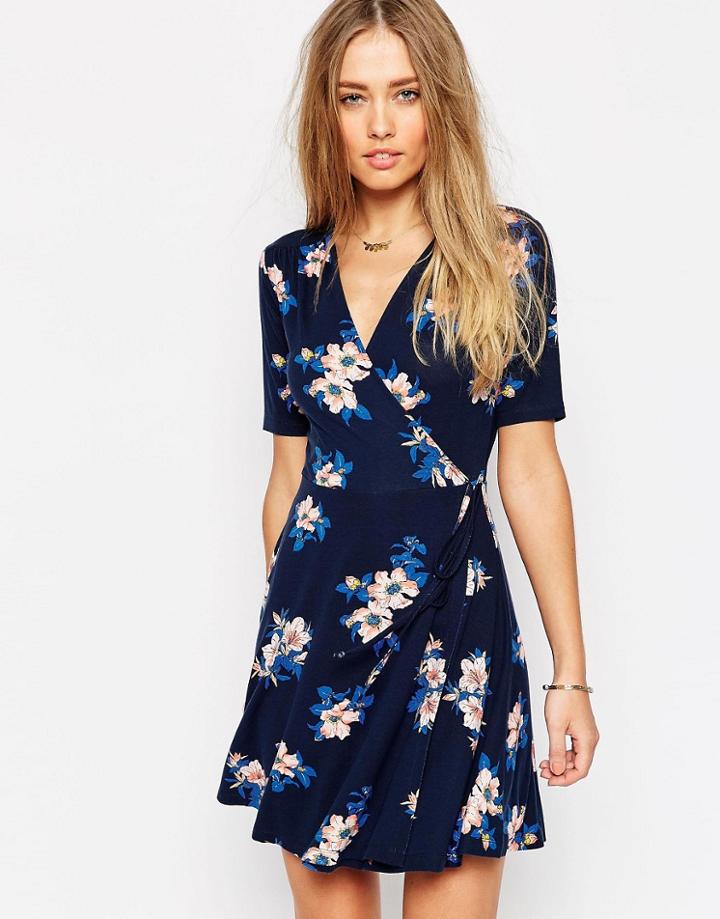 Asos Wrap Skater Dress In Floral Print - Multi