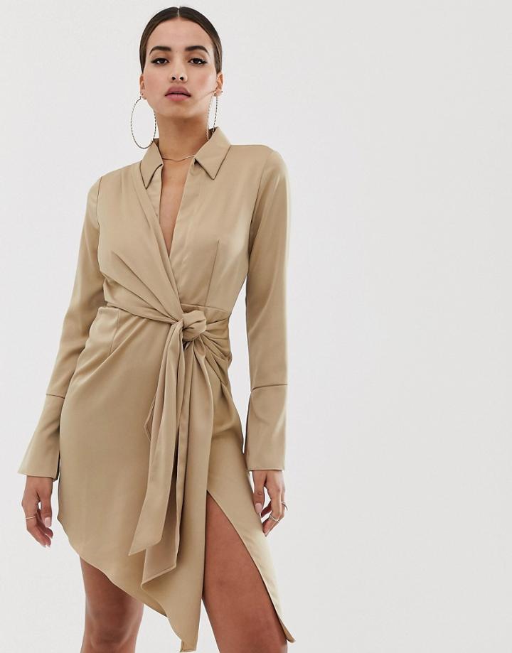 Asos Design Mini Satin Shirt Dress With Tie Waist-beige