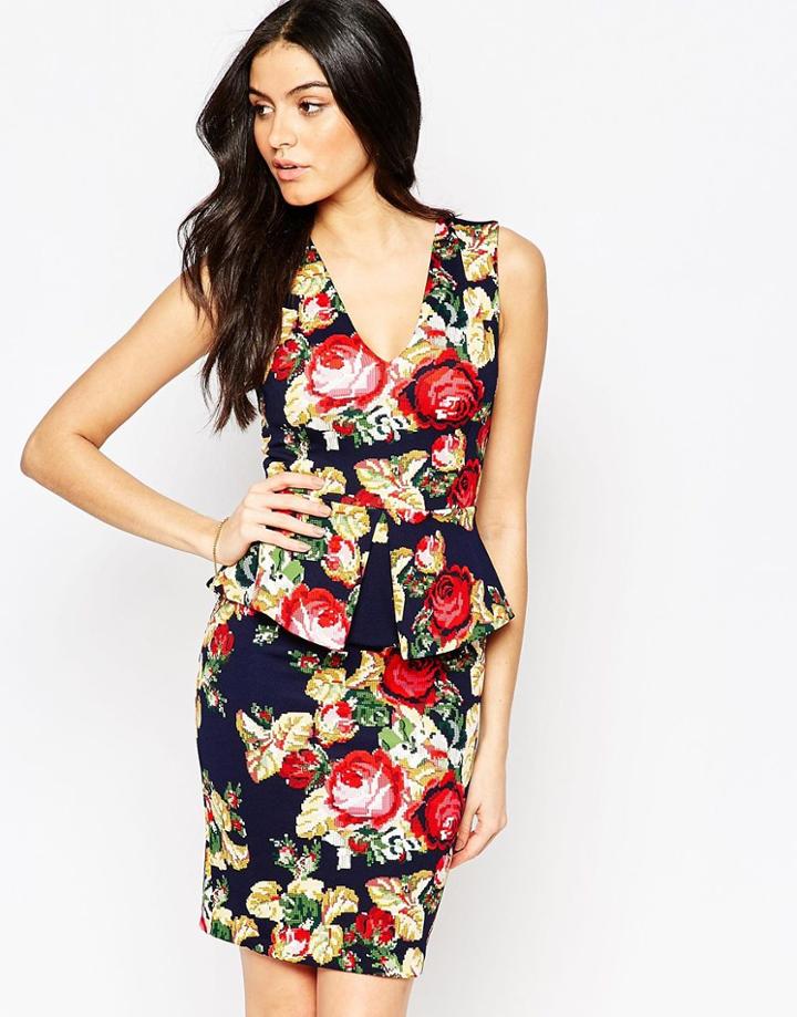 Vesper Vixen Printed Peplum Midi Dress - Navy