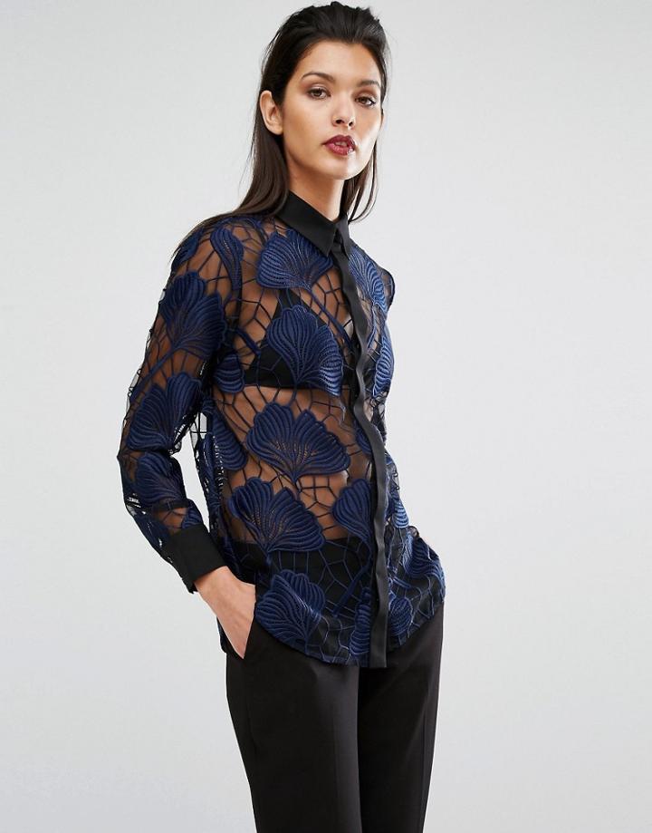 Self Portrait Petal Guipure Collar Shirt - Navy