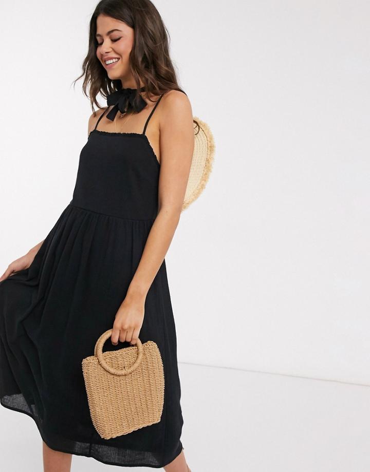 Asos Design Cami Midi Tiered Crinkle Sundress In Black