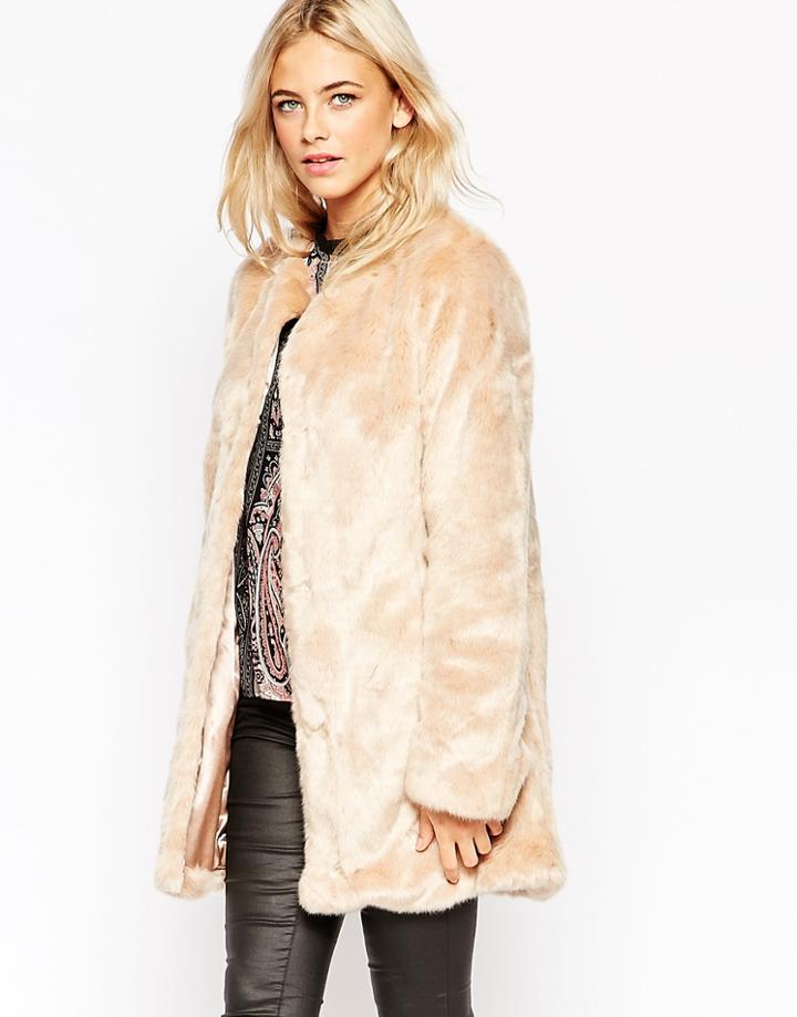 Oasis Collarless Faux Fur Jacket - Nude