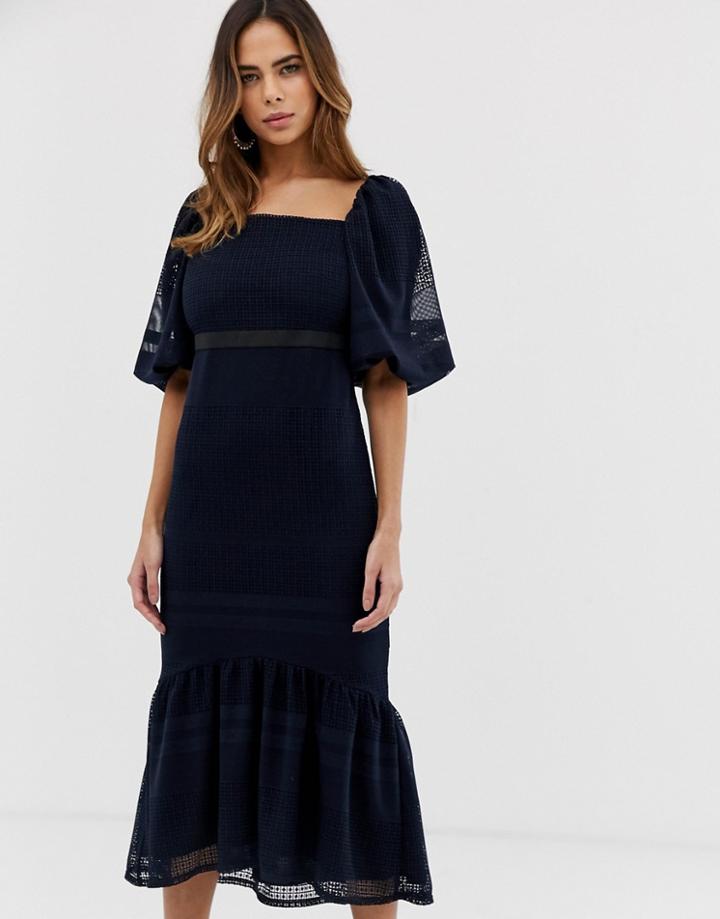 Asos Design Lace Puff Sleeve Pephem Dress-navy