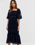 Asos Design Lace Puff Sleeve Pephem Dress-navy