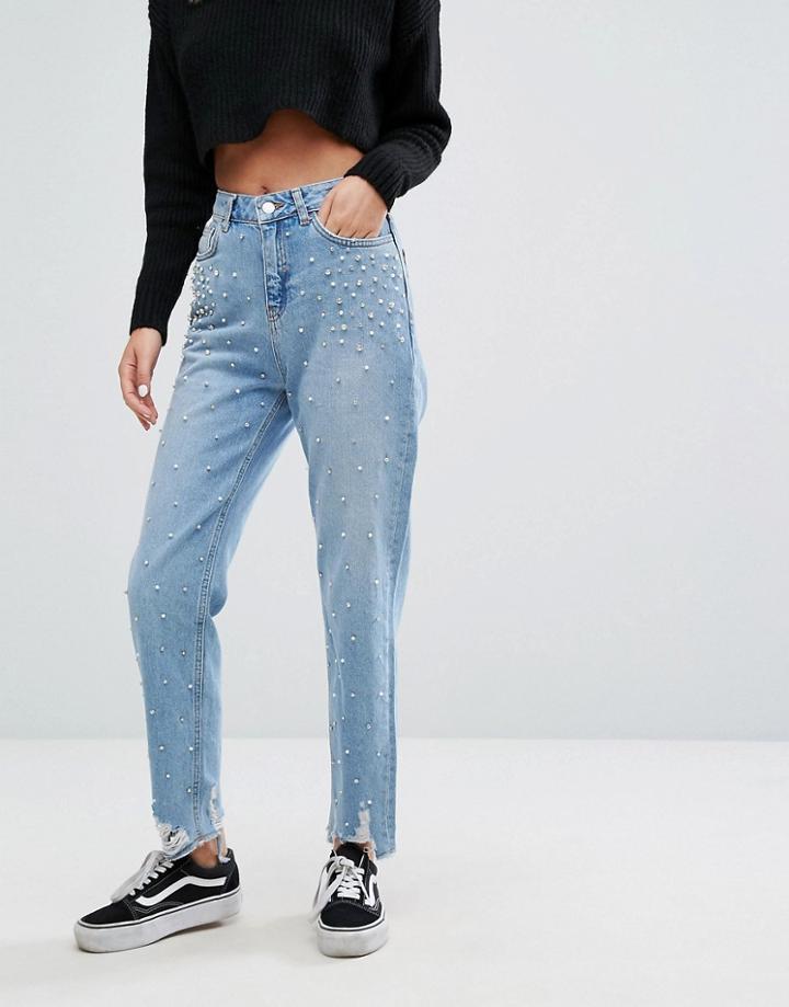 New Look Raw Hem Embellished Mom Jeans - Blue