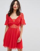 Asos Lace Insert Flutter Sleeve Mini Dress - Red