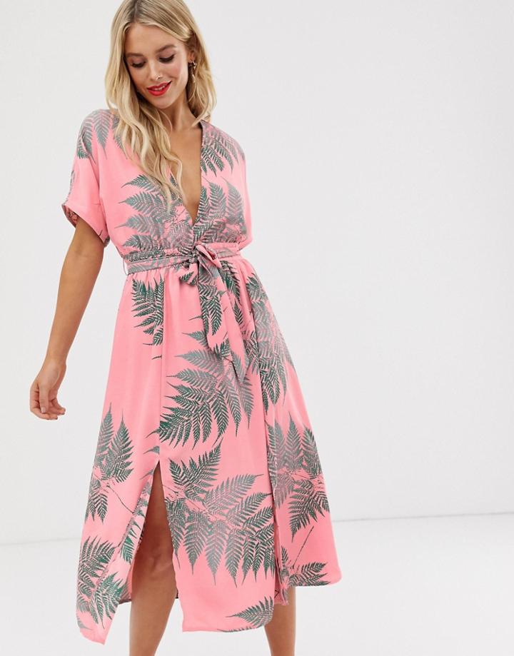 Glamorous Midi Tea Dress With Tie Waist In Palm Print