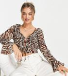 Stradivarius Ruffle Sleeve Blouse In Rust Zebra Print-multi