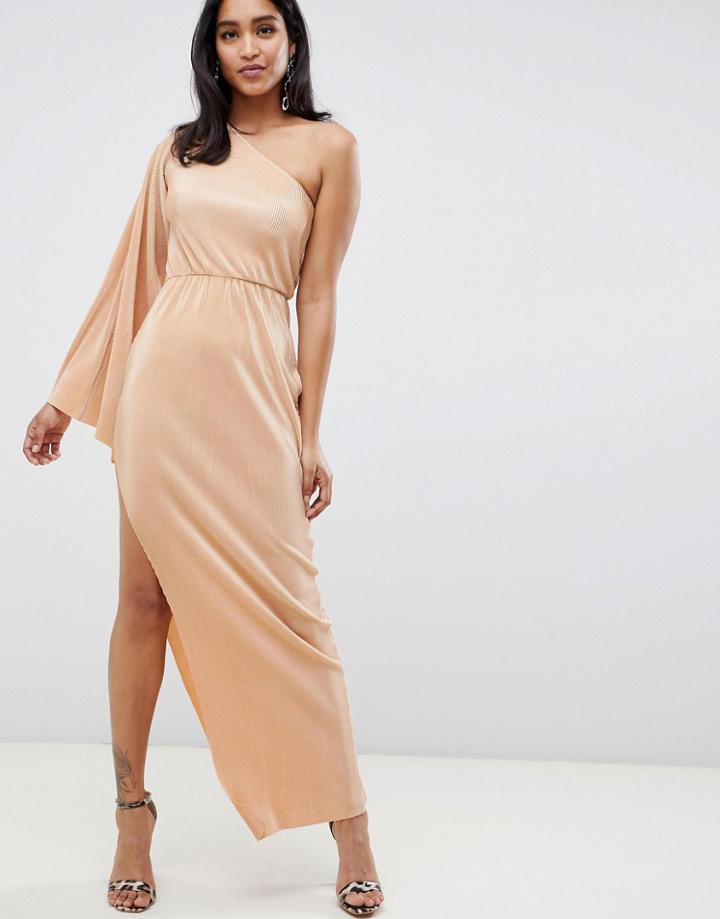 Asos Design One Sleeve Plisse Maxi Dress-brown