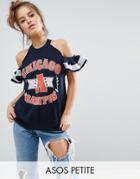 Asos Petite Sweatshirt With Cold Shoulder Ruffle And Varsity Print - Navy