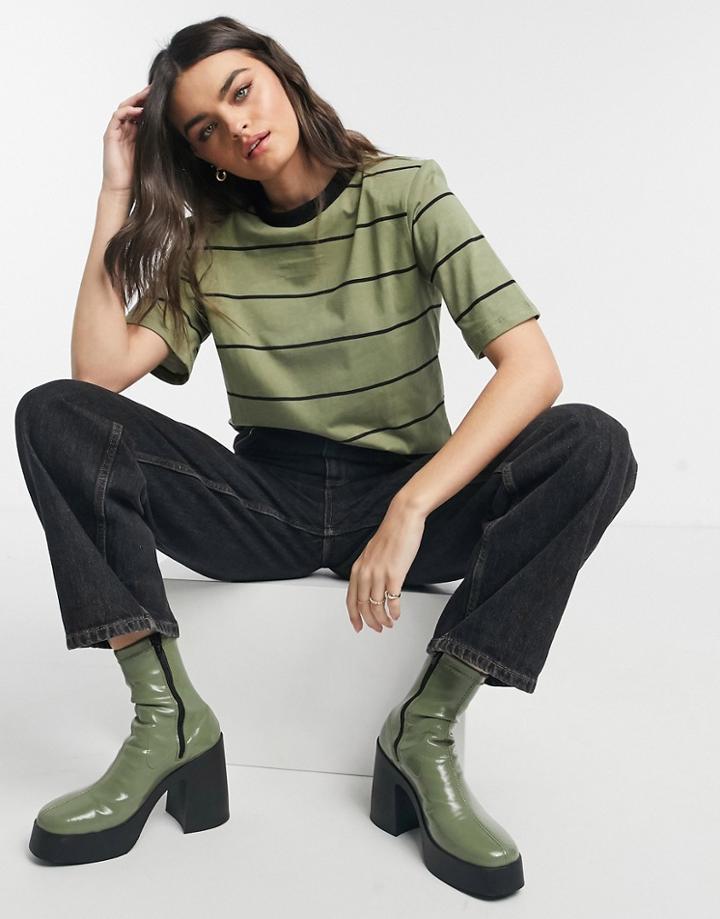 Asos Design T-shirt With Shoulder Pad With Stripe In Khaki-green
