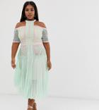 True Decadence Plus Premium Cold Shoulder Midi Dress With Lace Panels And Pleated Skirt In Tonal Mint - Green