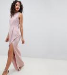 Asos Design Tall Satin Maxi Dress With Asymmetric Layered Skirt-pink